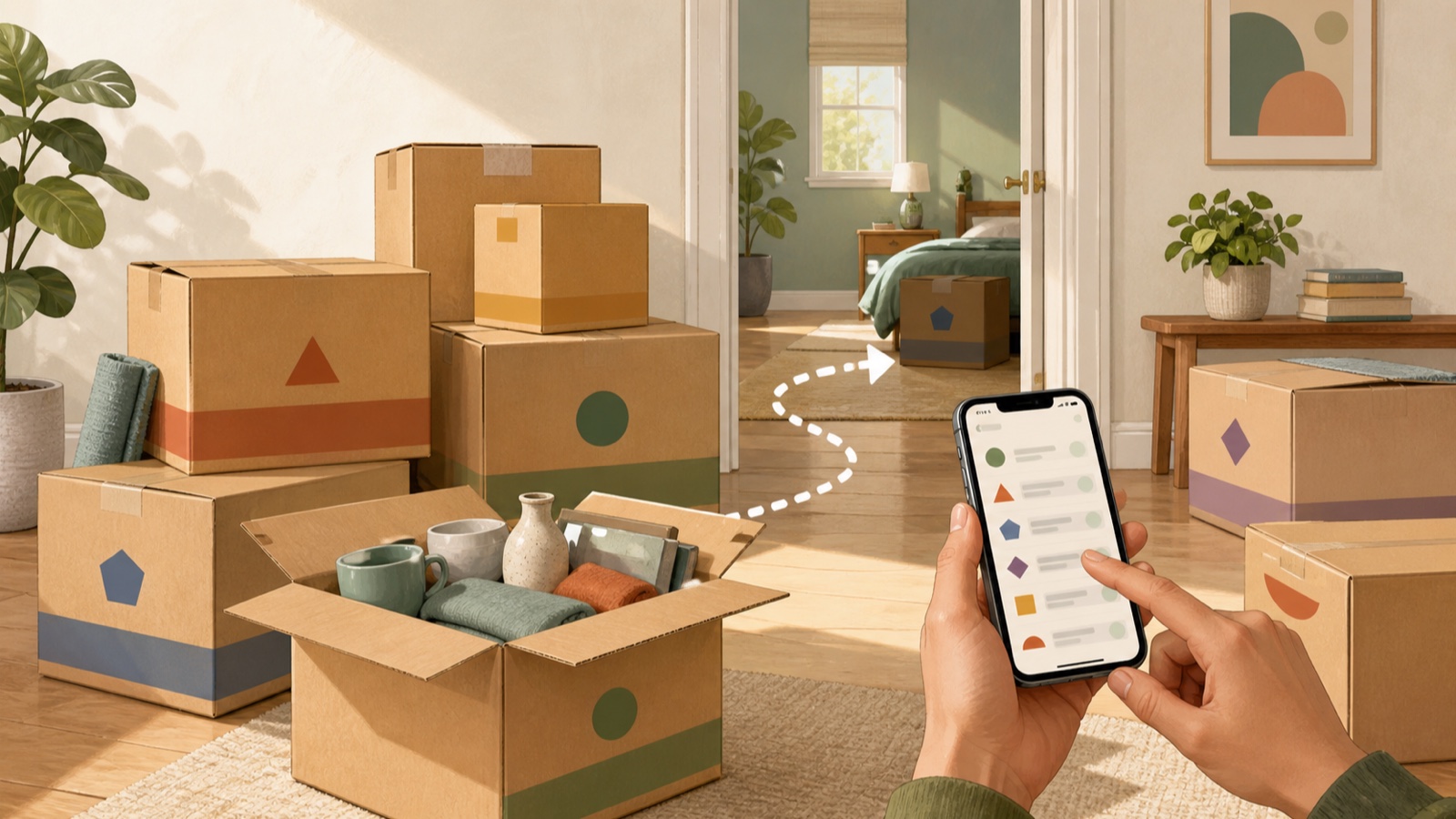 Colour-coded moving boxes organised by room with an inventory open on a phone